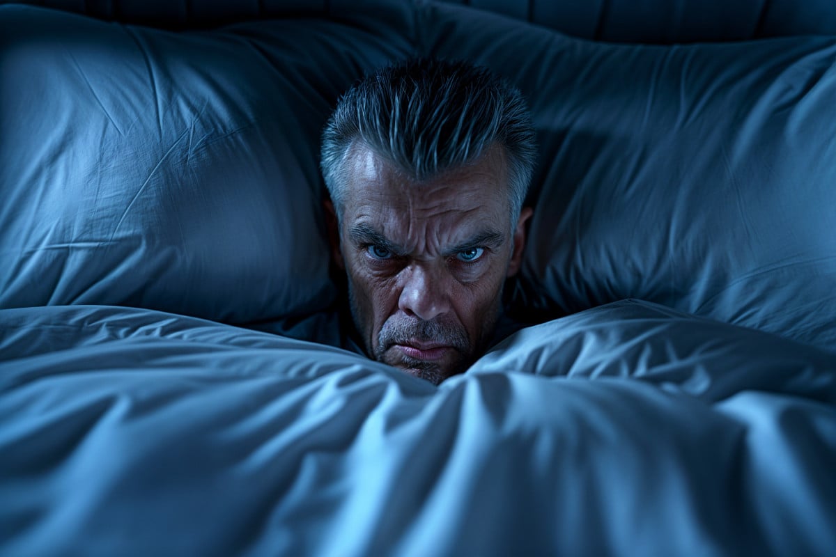 Un uomo, avvolto in coperte, fissa la telecamera perché non riesce a dormire.