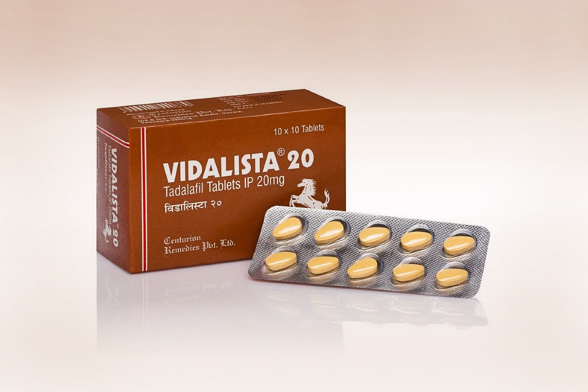 Una confezione e un blister che mostrano pillole gialle di Vidalista contenenti 20 mg di tadalafil.